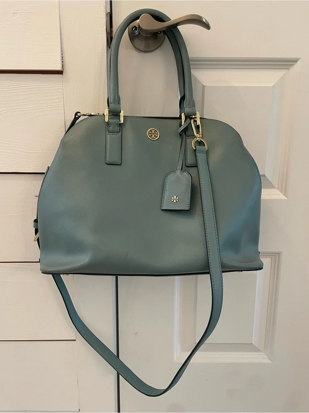 Tory Burch Robinson Convertible Satchel in Dusty Blue